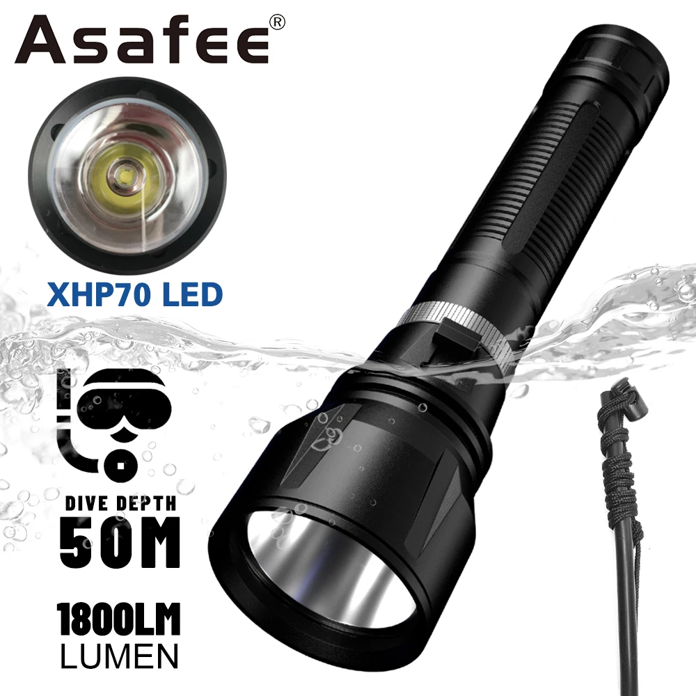 Asafee 50M Underwater P70 130° LED 1800LM Diving Flashlight Magnetic Switch High Light Torch IPX8 Waterproof Scuba Lantern