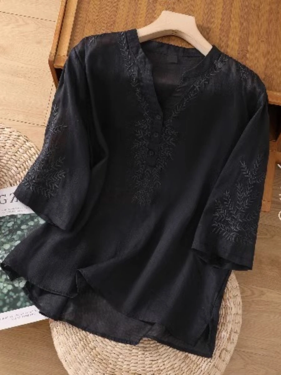 

Elegant Embroidered Linen Cotton Blend Short Sleeve Shirt Thin Summer New Style Women's Mom Clothes Casual Comfortable Top