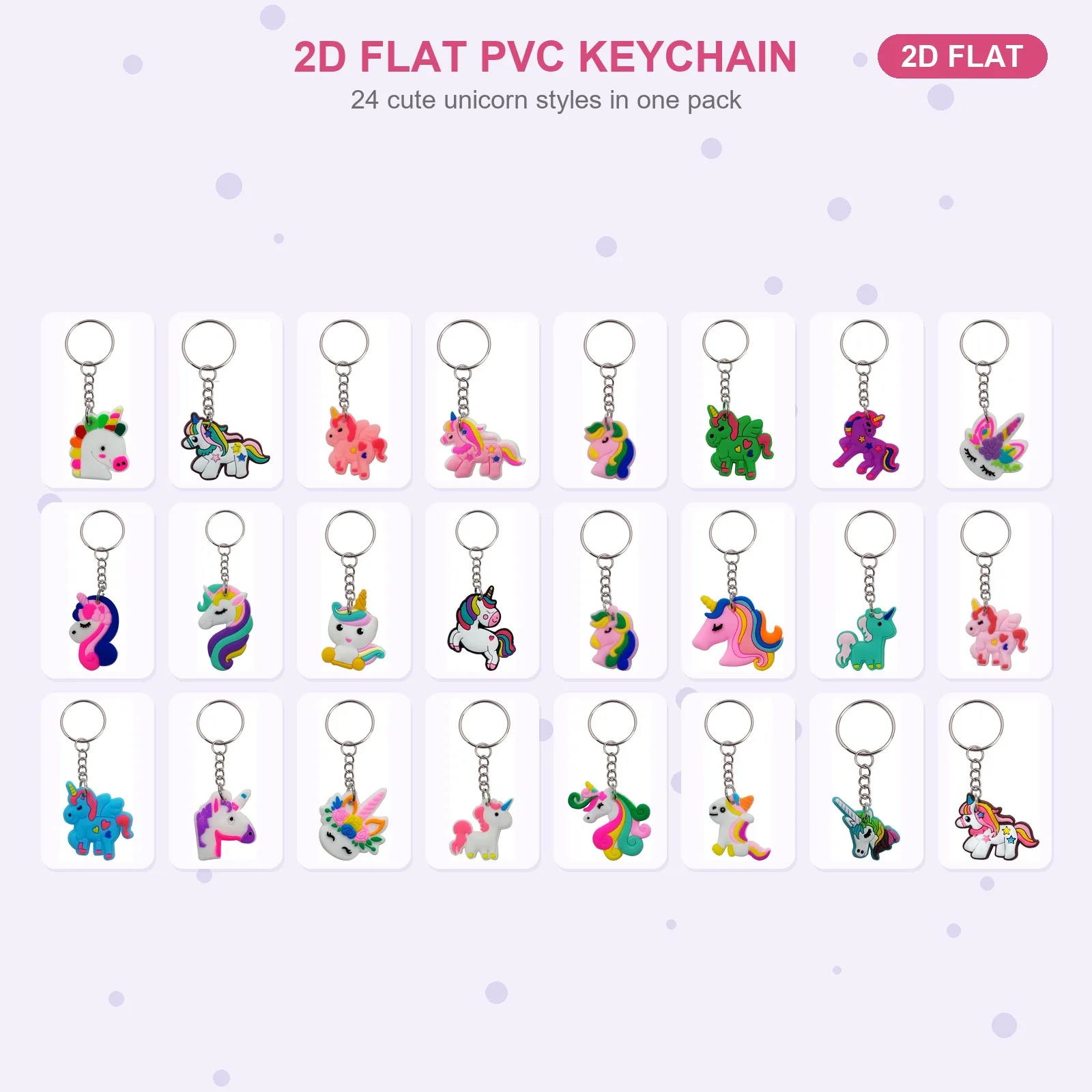 24 Pcs Soft PVC Unicorn Keychain Key Ring, 2D Flat Bag Charm for Girls, Styles Vary, Birthday Gift
