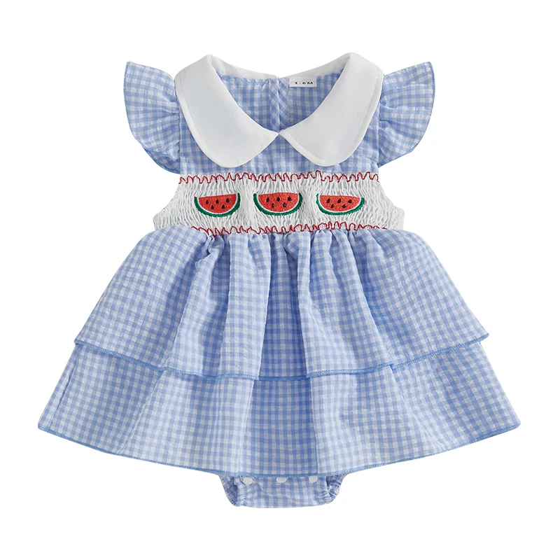 

Baby Girl Tank Romper Dress Fruit Print Watermelon Sleeveless Smocked Dress Cherry Embroidery Bodysuit Summer Outfit