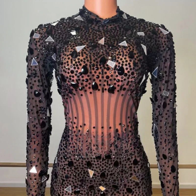 Robe courte à paillettes miroir brillant cristal noir translucide, mini robe moulante, manches longues, mode, été, 2025