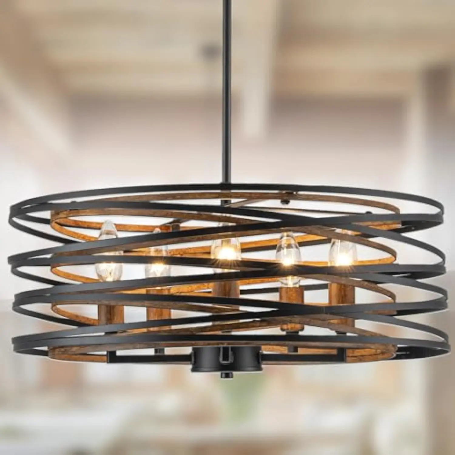 

Chandeliers,20 inch dining room light fixture,matte black dining room chandelier with wood-like interior,5-light farmhouse chan