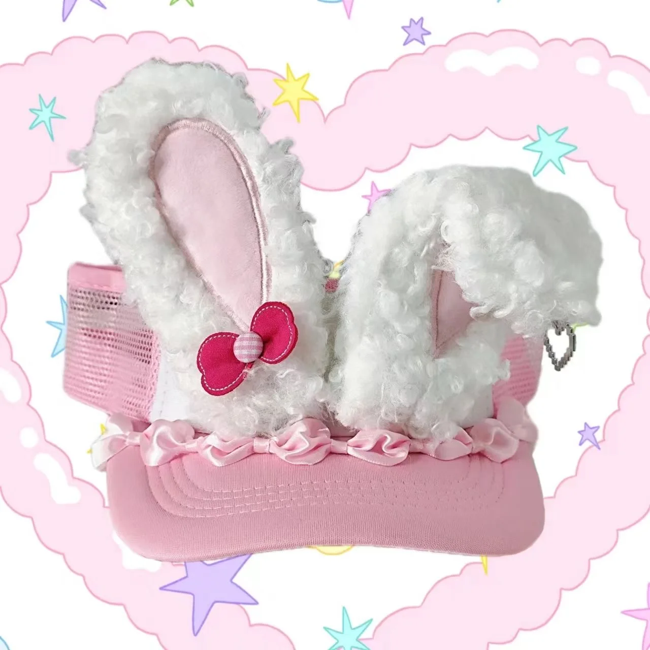 Original Lolita Kawaii Creme Rosa Spitze Hase Kaninchen Ohr Schleife Landmine Y2k Subkultur Leere Kappe