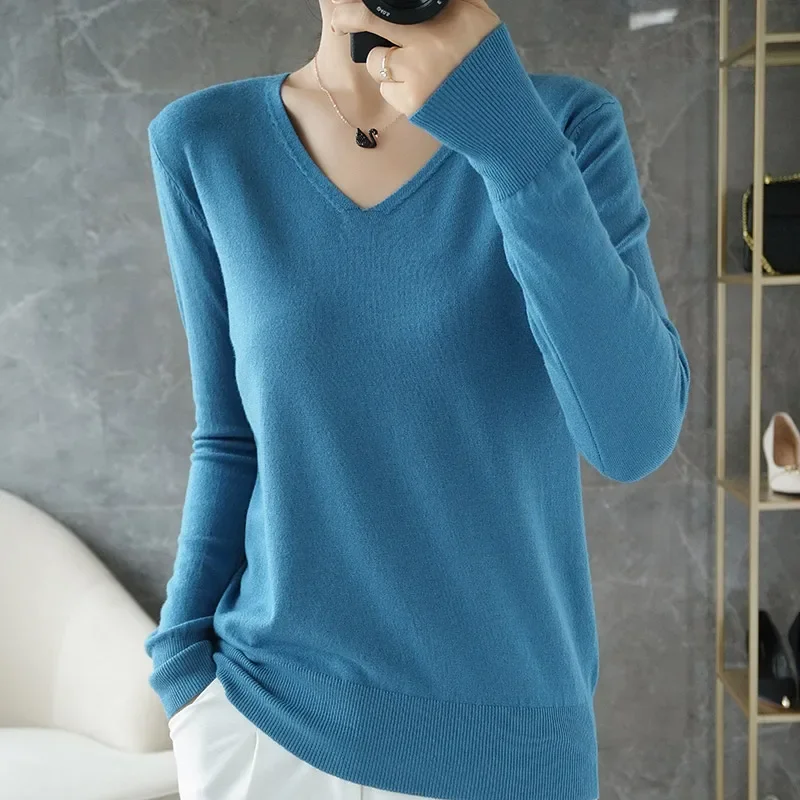 Women Sweater 2024 Spring Autumn Warm Winter Slim Fit Bottoming Shirt V-neck Korean Knitted Tops Casual High Strecth Jumpers