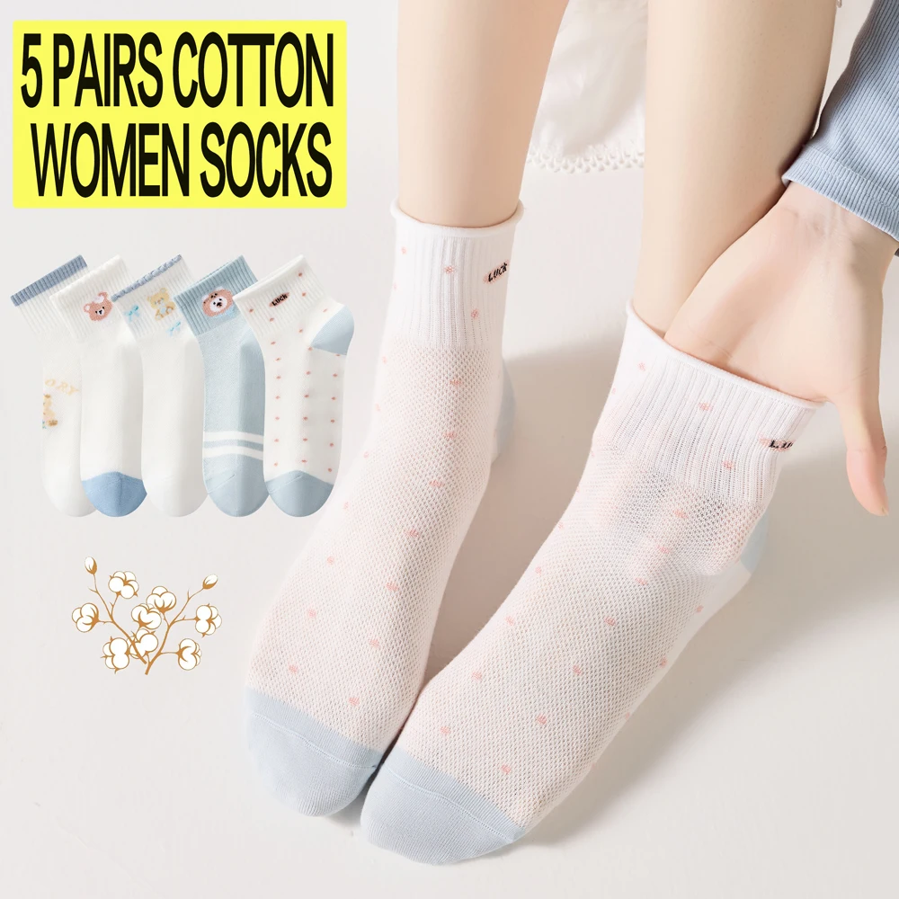 

Breathable Mesh Cotton Socks for Girls Spring Summer Thin Cute Cartoon Animal Crew Socks School Students Ankle Socks 5 Pairs