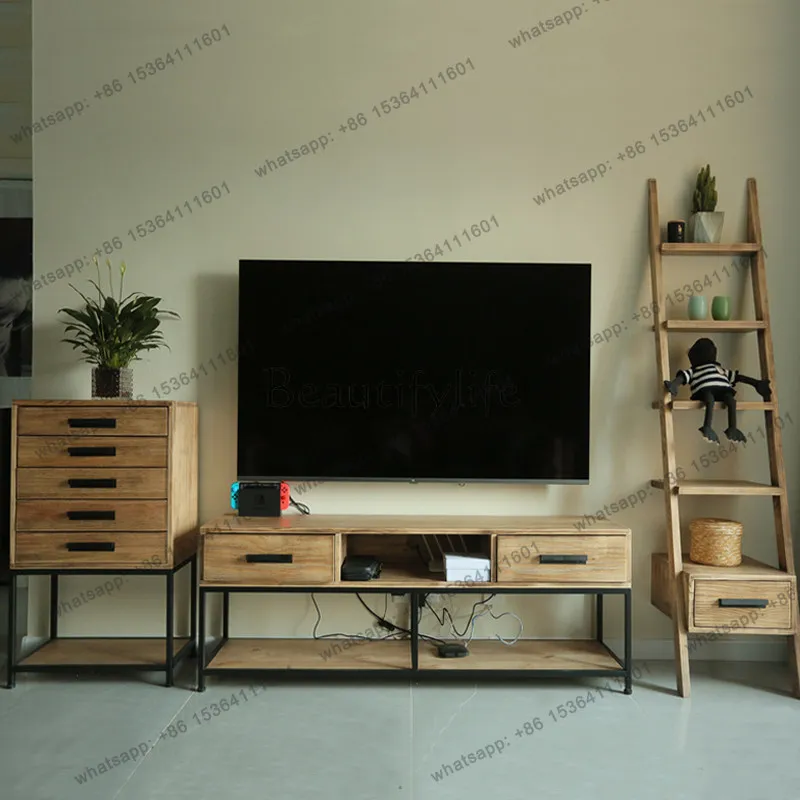 American industrial style wrought iron retro solid wood TV cabinet coffee table floor locker