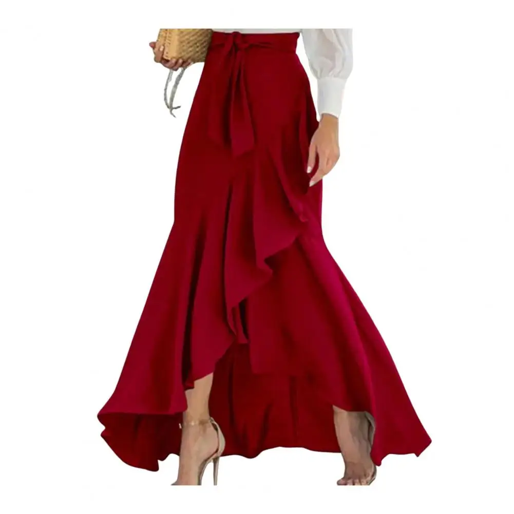 

High Waist Skirt Elegant Lace-up Ruffle Trim Maxi Skirt with Plaid Print Bow Tie Detail High Waist Irregular Hem Skirt for Women