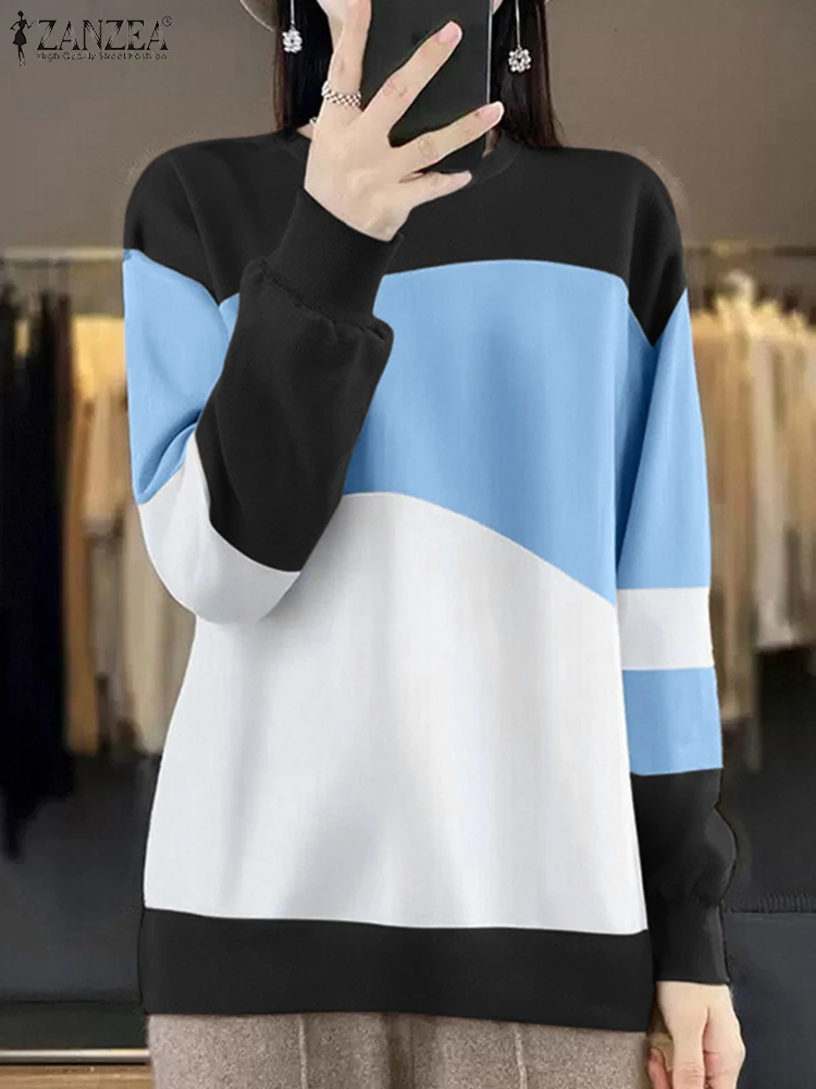 

ZANZEA Casual Color-Blocked Women's Pullover Tops 2025 Spring Long Sleeve O Neck Loose Sweatshirts Korean Streetwear Hoodies