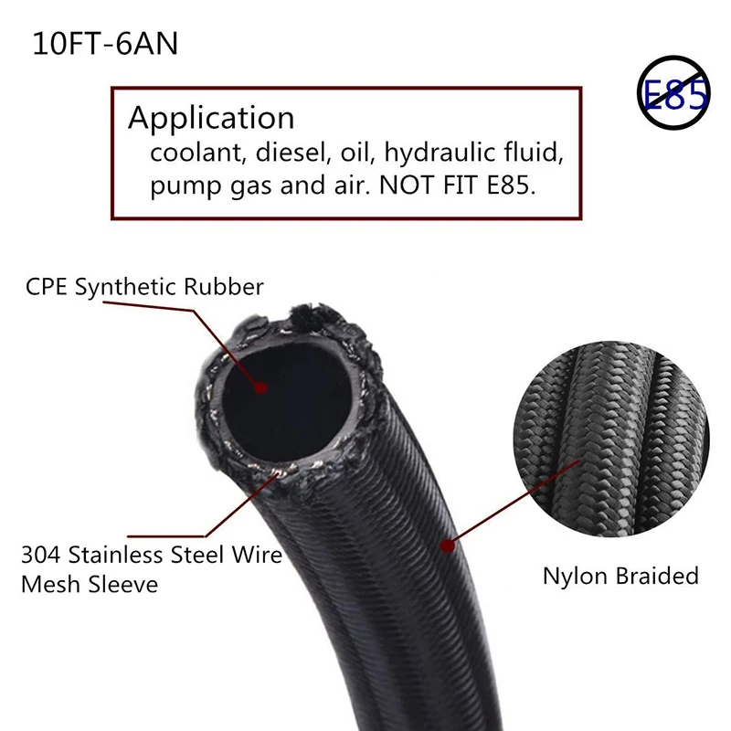 10FT 6AN 3/8 Inch Nylon Stainless Steel Braided Fuel Line 5/16 Inch 8.71Mm ID CPE Tube Oil Hose Universal