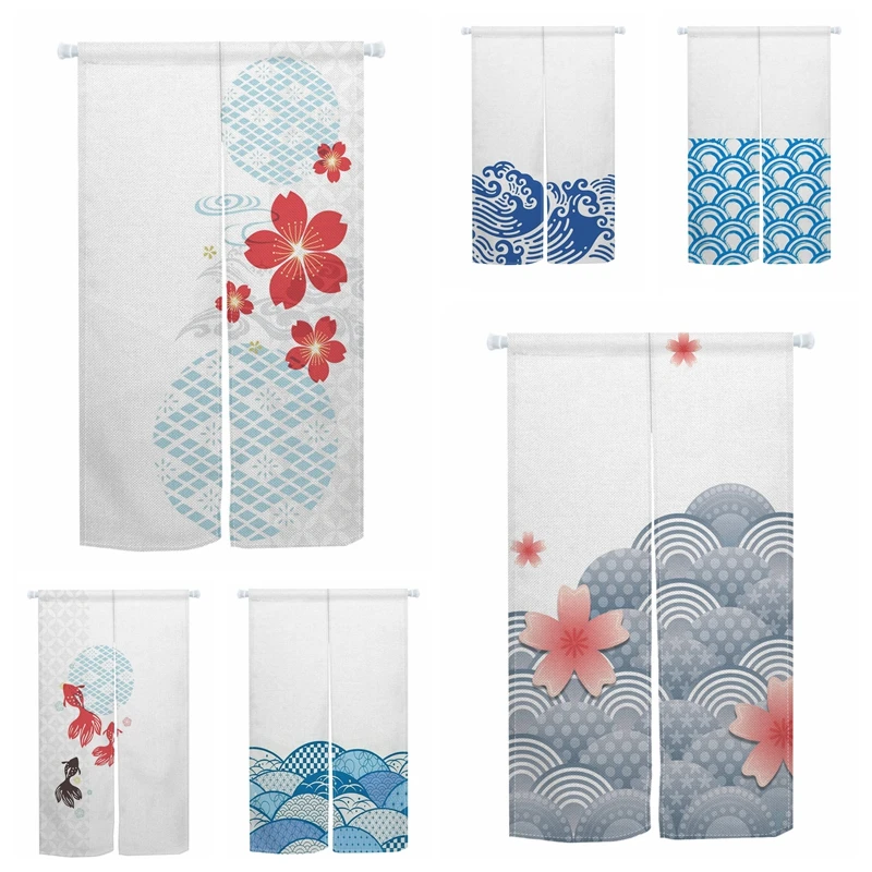 Japanese Cherry Blossom Door Curtains Wave Koi Fish Linen Doorway Curtains Home Decor Room Divider Minimalist Noren Door Curtain