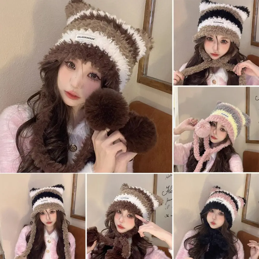 Fashion Cat Ear Women Knitted Hat Contrast Stripe Windproof Winter Beanies Cap Thick Warm Ear Protection Pullover Hat