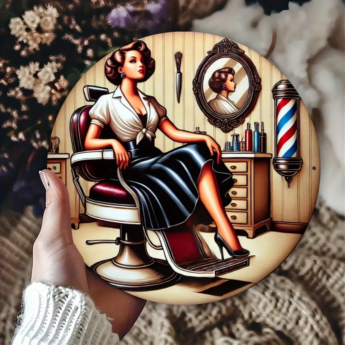 1pc Pin Up Lady Barber Chair Mirror Vintage Round Metal Sign 8x8Inch 2D Flat Hair Salon Wall Decor Gift