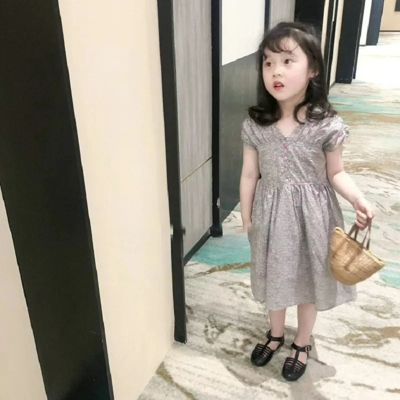 Girl Summer Sling Dress Outer Wear Elegant Children Clothing V-Neck Floral Single-Breasted Dress Charm Princess Evening Vestidos