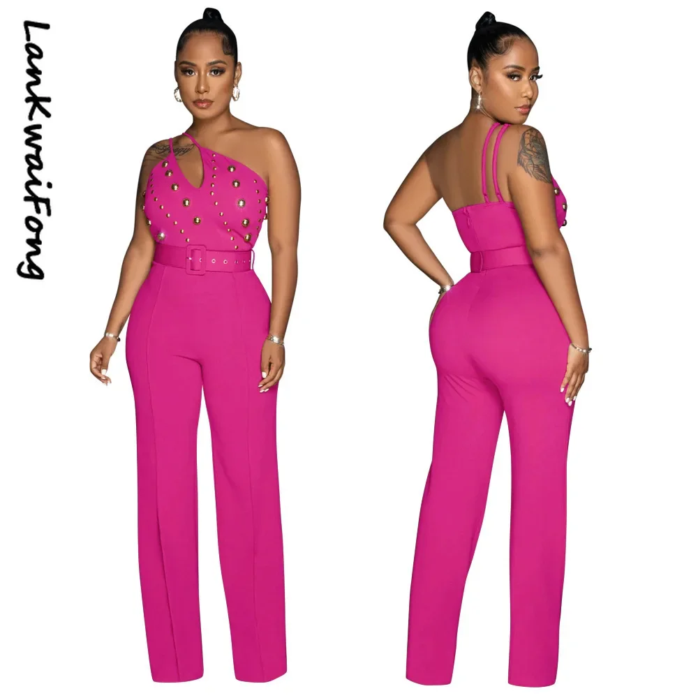 2024 Leisure Party Women\'s Pants Slim Fit One Shoulder Off Back Solid Color Beaded Sexy Elegant Jumpsuit