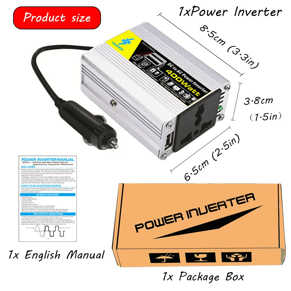 For Chaomin Car Power Inverter 12V To 220V DC AC Converter 600W USB Cigarette Lighter Battery Clip Camping Solar Travel Supply