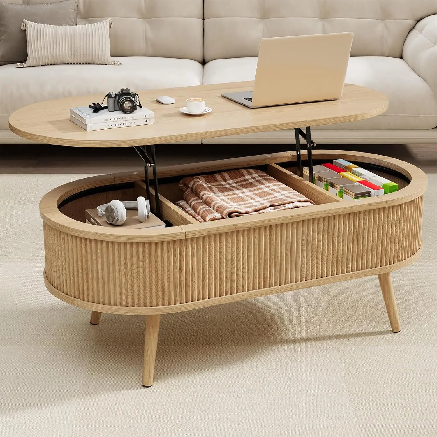 

Oval Lift Top Coffee Table Fluted Storage Mid Century Living Room Office 39.4", Customized