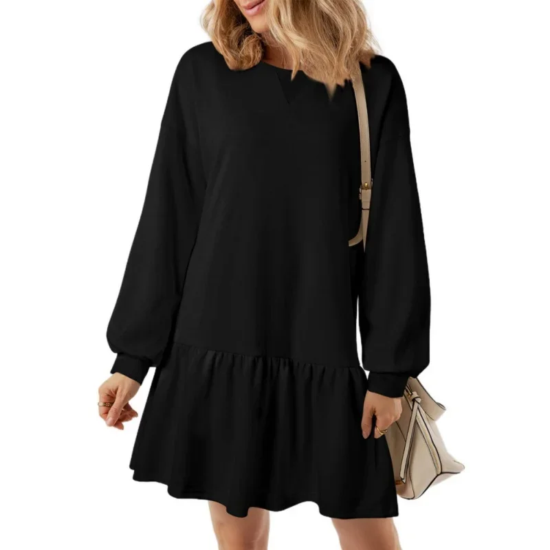 Autumn Independent Station Womens Casual Round Neck Solid Color Long Sleeve Loose Pullover Dress