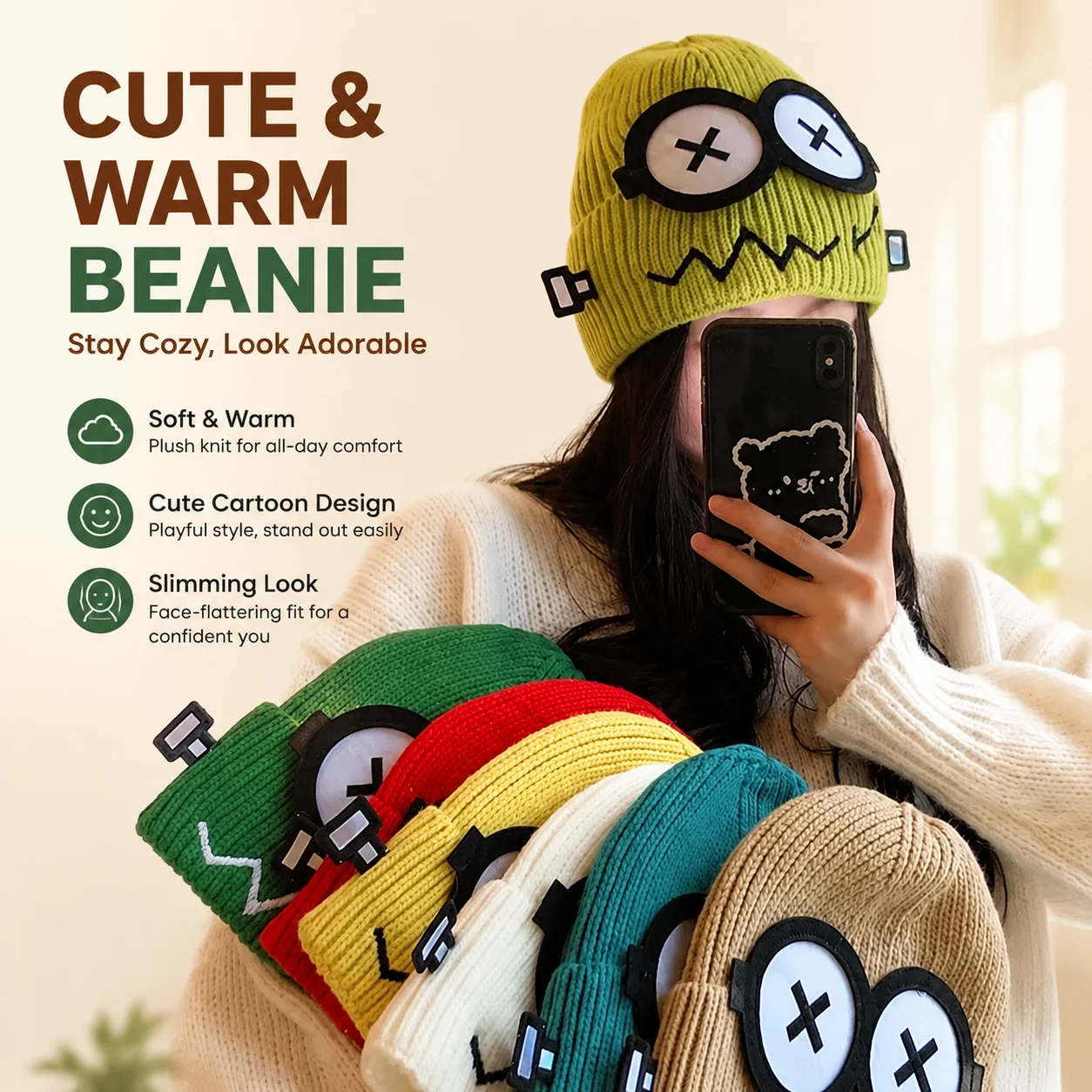 Women's Cartoon Knitted Wool Hat Winter Cute Plush Beanie Warm Face Slimming Look