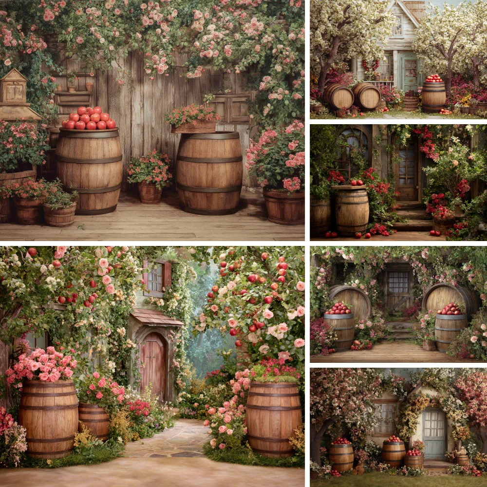 

Spring Photography Backdrop Easter Wooden Courtyard Rabbit Egg Flowers Pink Roses Decoration Background Studio Props Wallpaper