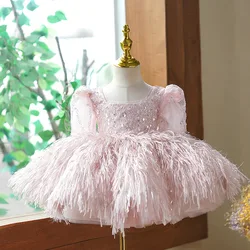 Girl's bow long sleeved princess dress Ages 1-8 Fashionable sequin tassel mesh dress carnival birthday flower girl performance