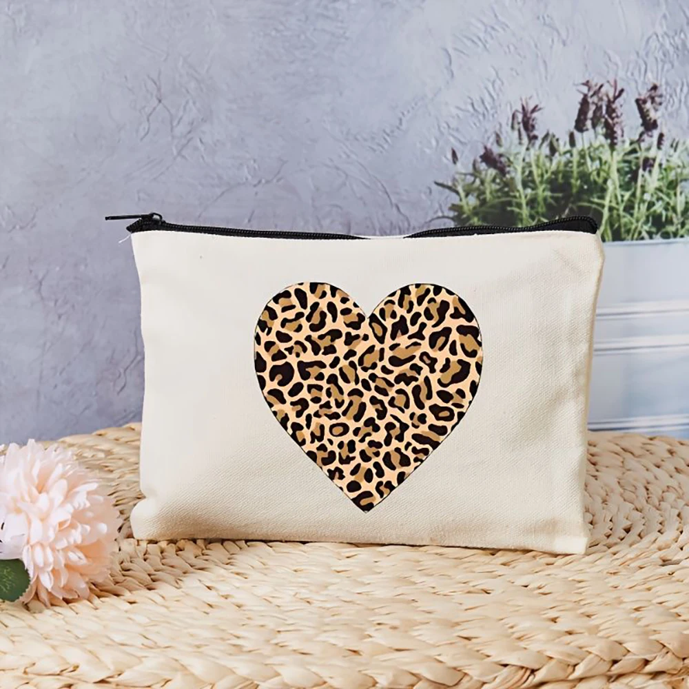 1pc  Leopard Heart Print Canvas Cosmetic Bag, Portable Travel Makeup Pouch Toiletry Storage Organizer