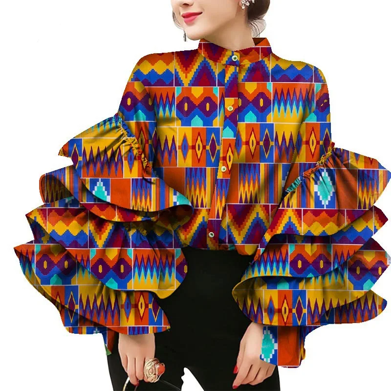 Camisa de vestir africana con cuello levantado, blusas de manga acampanada para mujer, Top de algodón con estampado de cera, ropa de talla grande para mujer, fiesta y boda