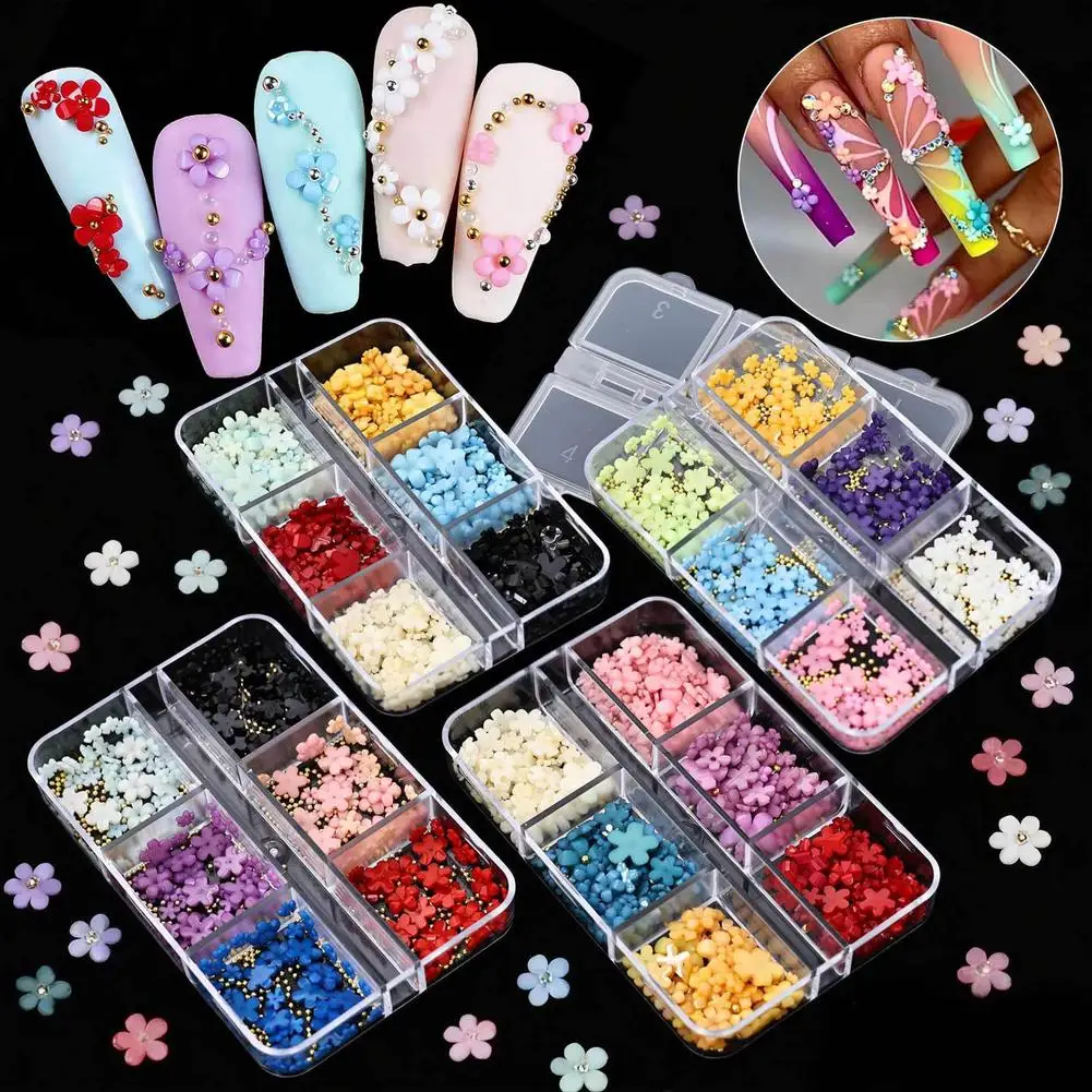 3D Acrylic Flower Nail Charms for Nail Art, Cute Colorful Floral Nail Charms with Caviar Beads & Flatback Pearls DIY Nail Decor