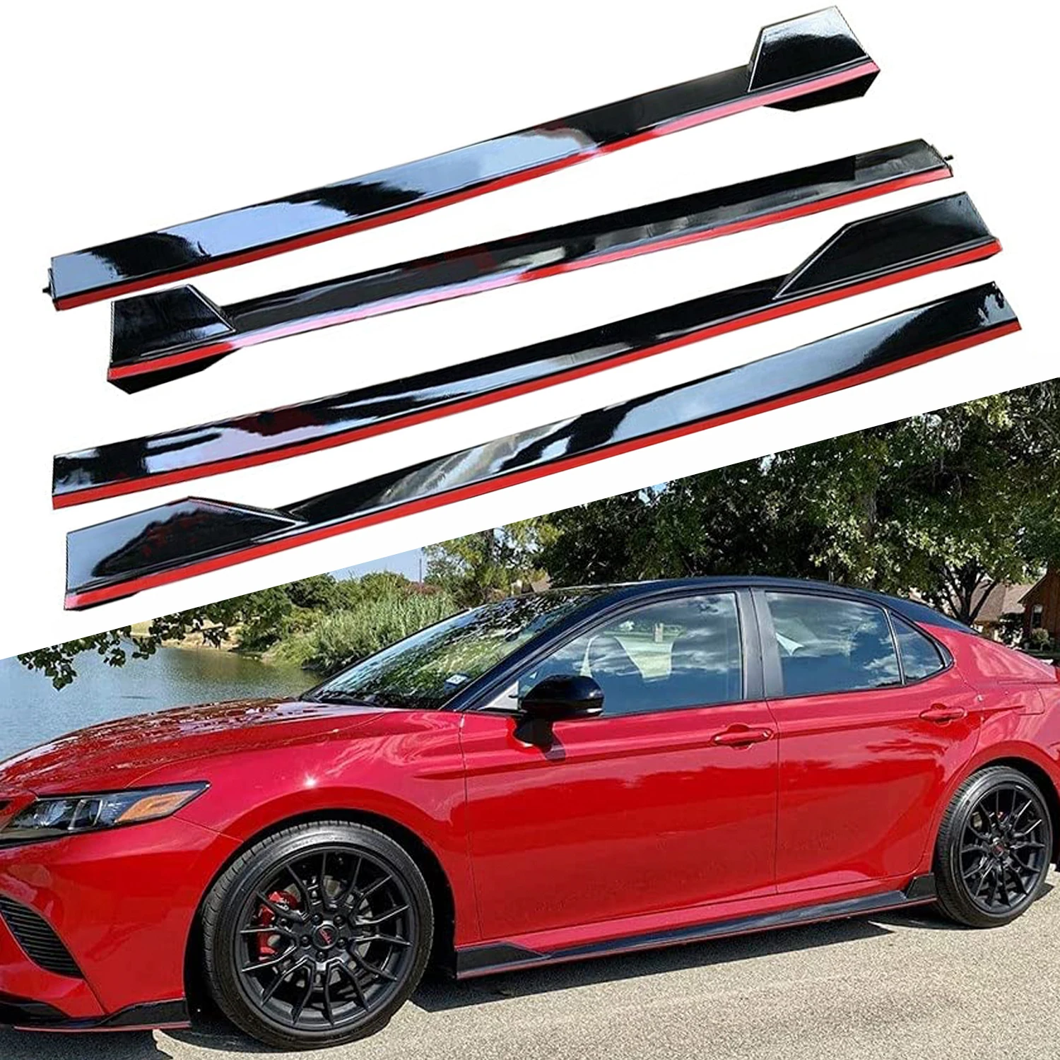 Side Skirts Extension Gloss Black w/red line For 18-24 Toyota Camry