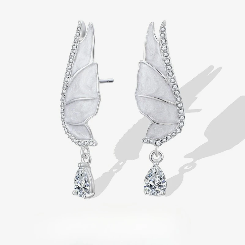 New S925 Sterling Silver Wings, Butterfly Wings, Design Sense, Water Droplet Zircon Drop Glue Earrings, Women's Wedding Jewelry