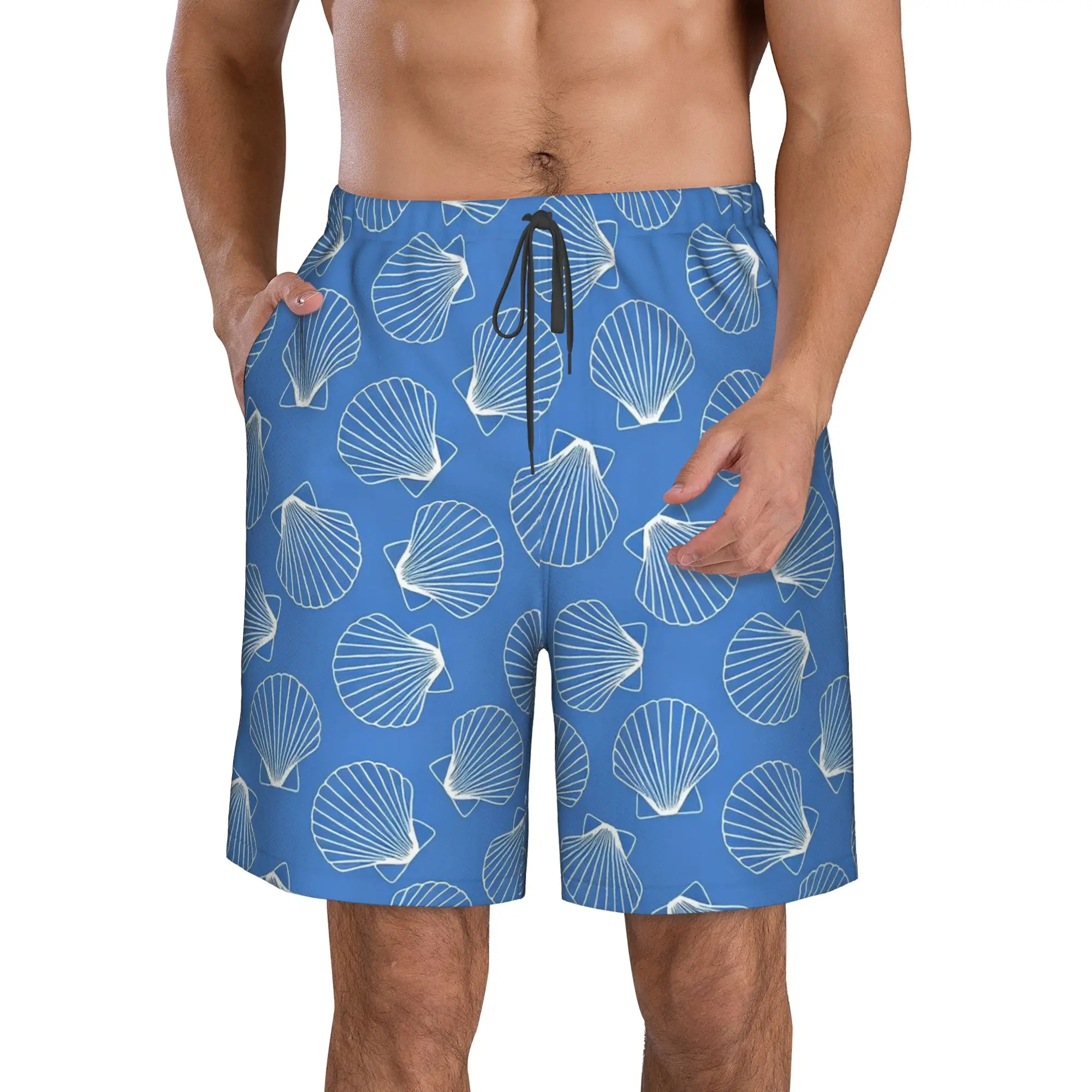 White Sea Shell In Blue Background Pattern Trunks Beach Board Shorts Casual Quick Dry Swimming Summer Men Pants