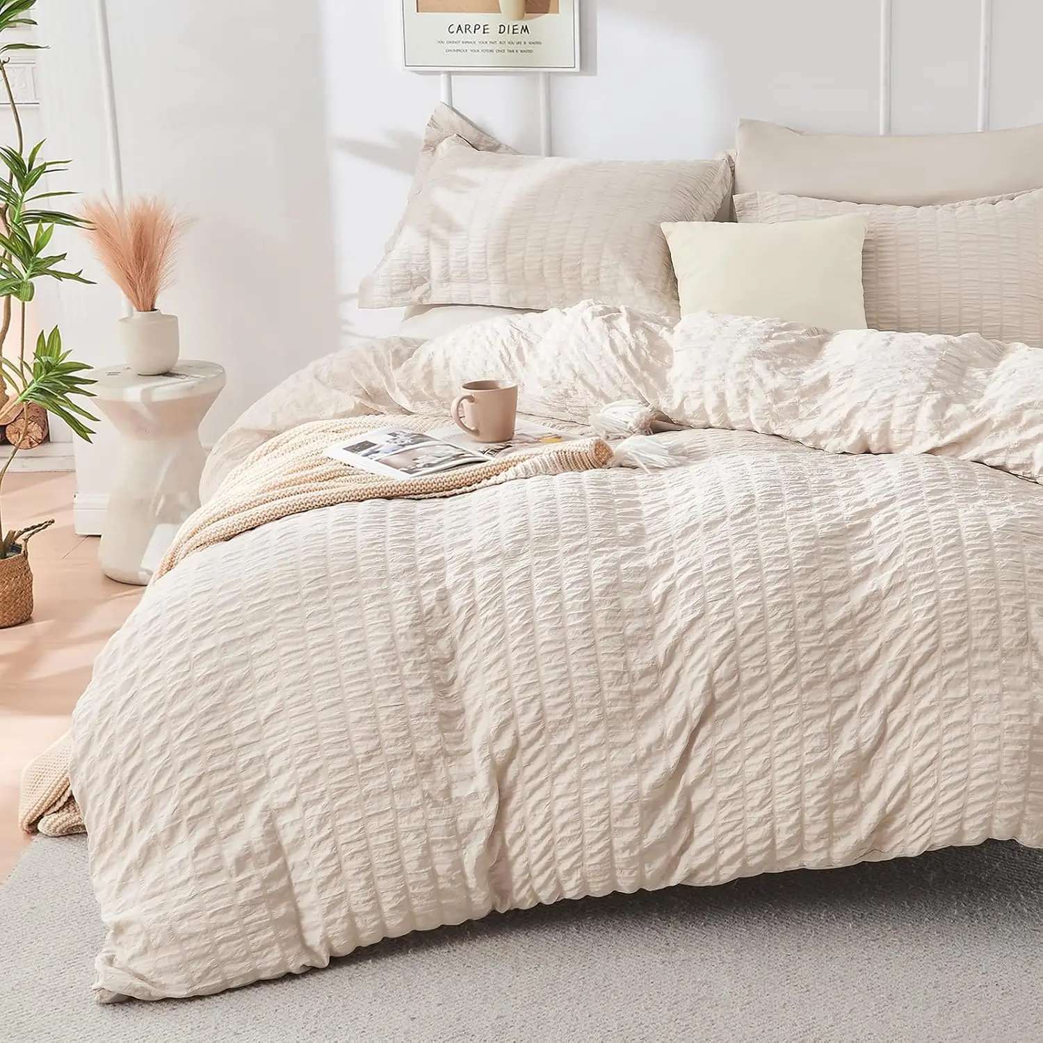 Beige Queen Comforter Set Seersucker 7 Pieces, All Season Luxury Bed in a Bag for Bedroom