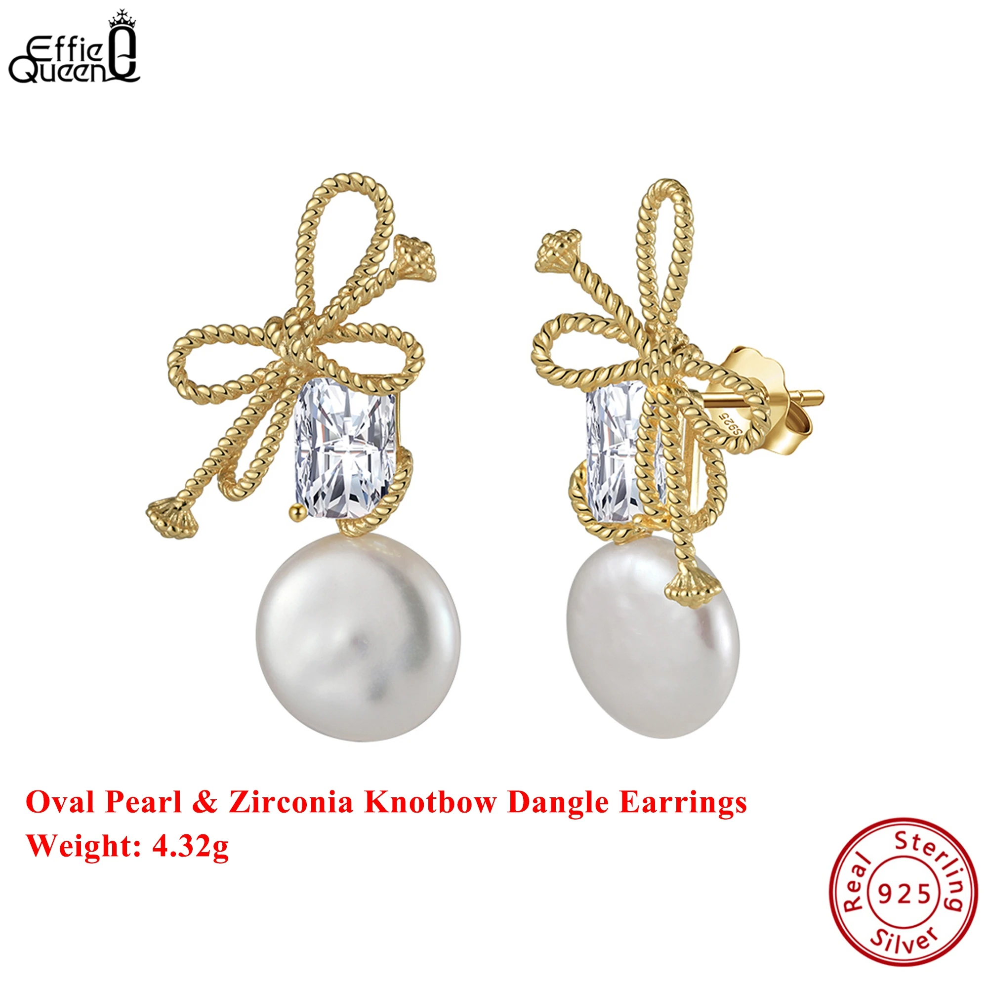 

Effie Queen 925 Solid Sterling Silver 14k Gold Oval Freshwater Pearl Dangle Earrings and Zirconia Luxury Jewelry for Women GPE84