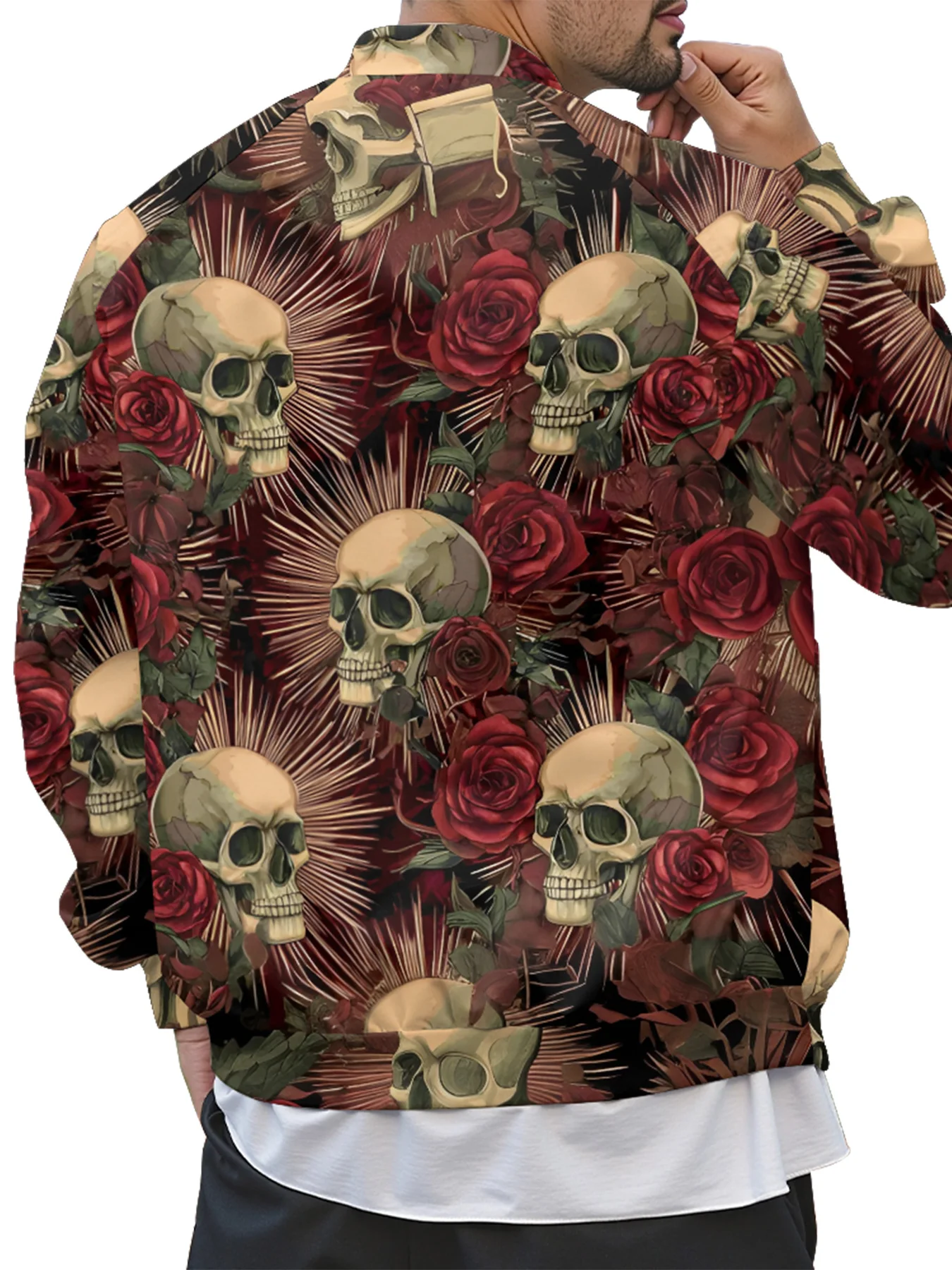Edgy Skull Print Baseball Jacket Rose Graffiti Dark Romantic Streetwear Coat Men Women Fashion Korean Street Fall Layering Piece