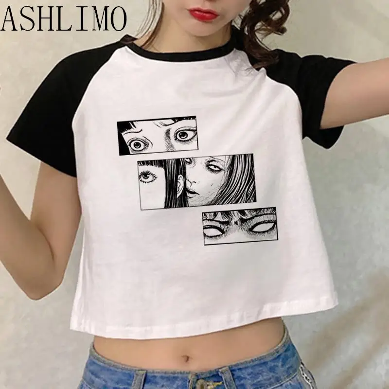 New Anime Ito Junji T-shirt Women Harajuku Kawaii Korea Casual Kawaii Crop Tops Y2K T-shirt White Patchwork T Shirt