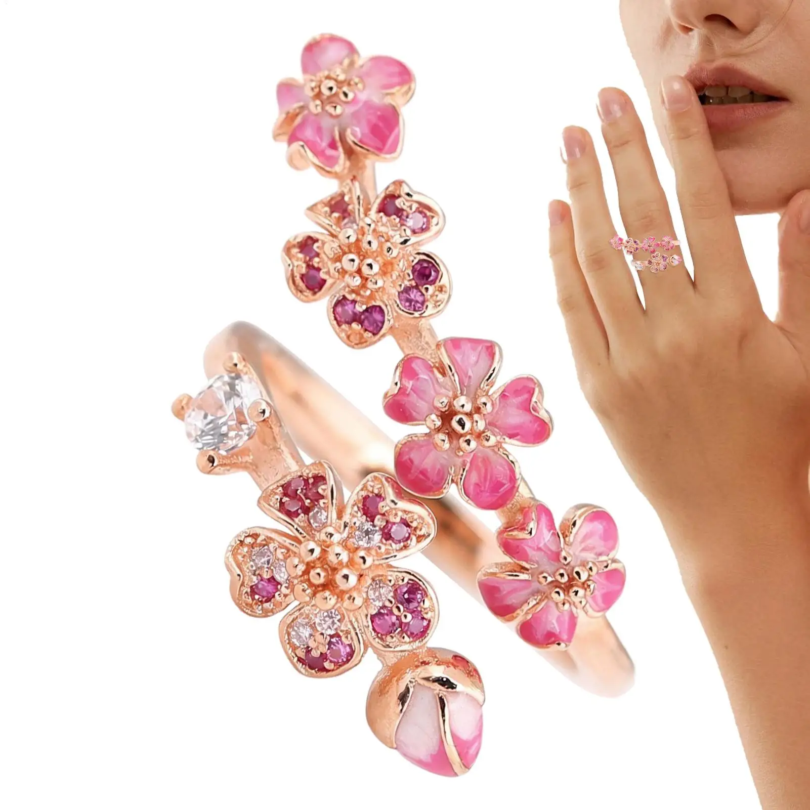 Adjustable opening design peach blossom With Crystal Ring For Women Wedding Party Gift fit Lady Fine Jewelry party gift