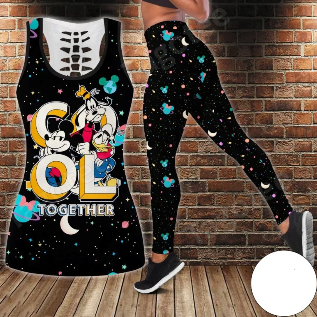 2024 Disney Mickey Mouse Donald Goofy Women\'s Hollow Vest Leggings Y2k Yoga Suit Fitness Sports Suit Tank Top Legging Set