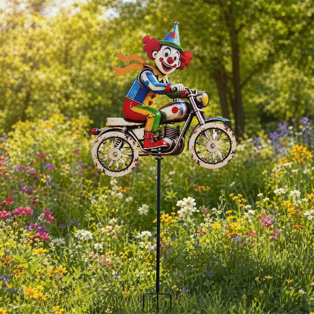 

Natural Airflow Wind Spinner Spinning Clown Motorcycle Wind Spinner Metal Yard Art with Rotating Wheels Weatherproof for Yard