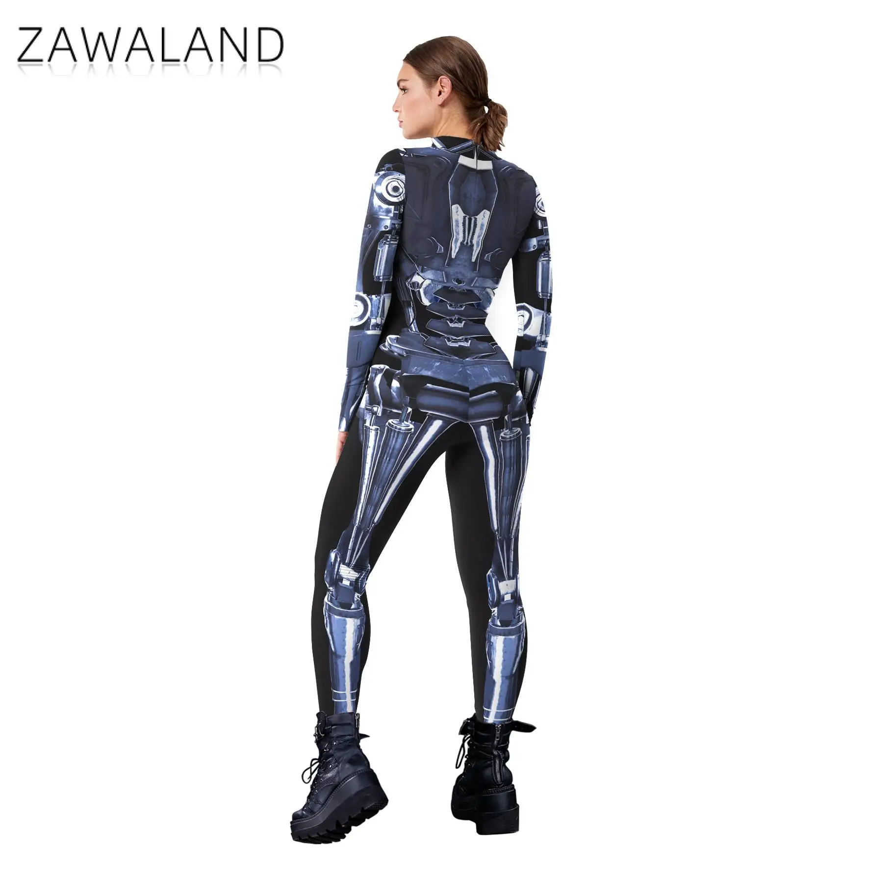 Zawaland Mechanical Skeleton Print Costumes Halloween Punk Jumpsuit Zentai Party Bodysuit Cosplay Women Festival Party Clothes