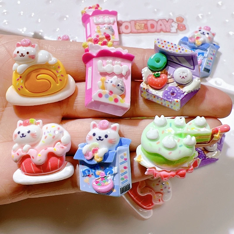 10 Pcs New Cute Cartoon Animal Kitten Milk, Cake Series Resin Scrapbook Diy Jewelry Children Gift Hairpin Accessories B62