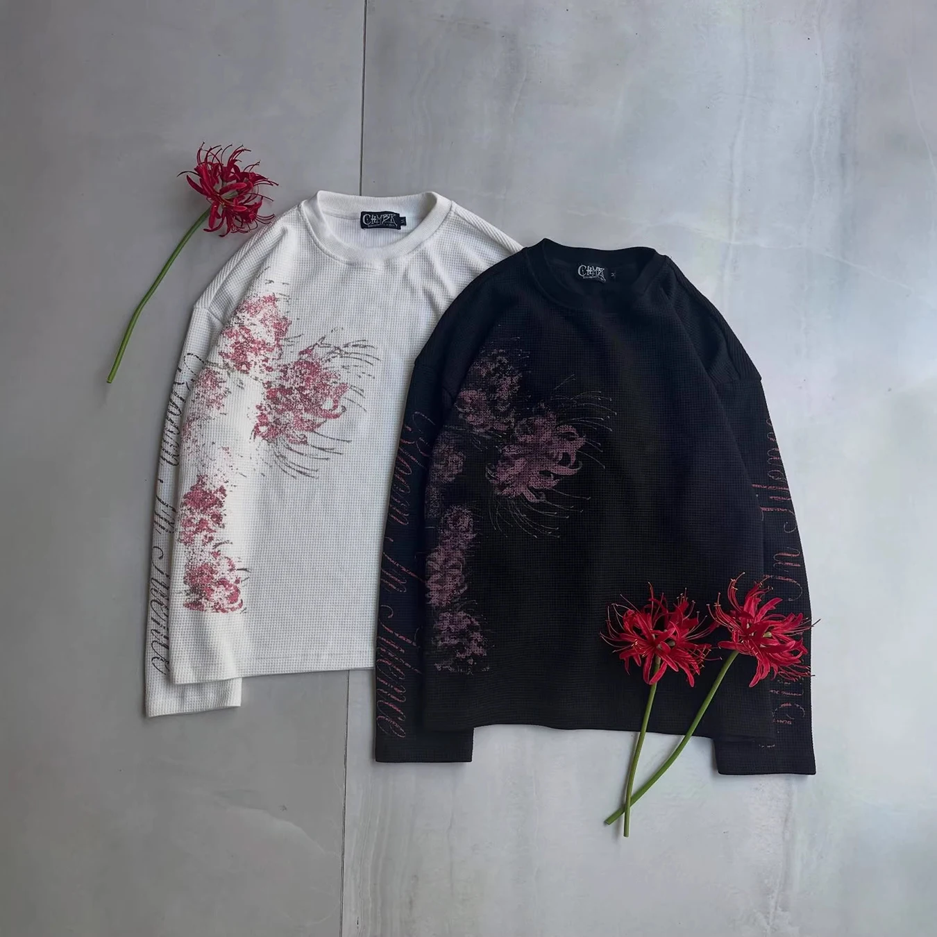 New Street Trendy Top Waffle Flower Letter Printed Casual Round Neck Long Sleeve T-shirt
