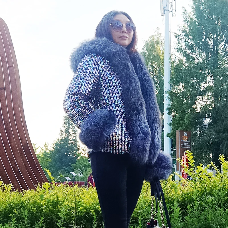 2023 New Down Coat Short and Thickened Winter Silver Fox Collar Hooded Coat with Colorful Sequins in Europe and America for Wome