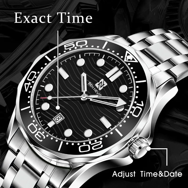 Men\'s Quartz Watch Seamaster Series 43mm Wavy Dial with Date Calendar Function, Rotatable Scale with Steel Strap Waterproof 30M