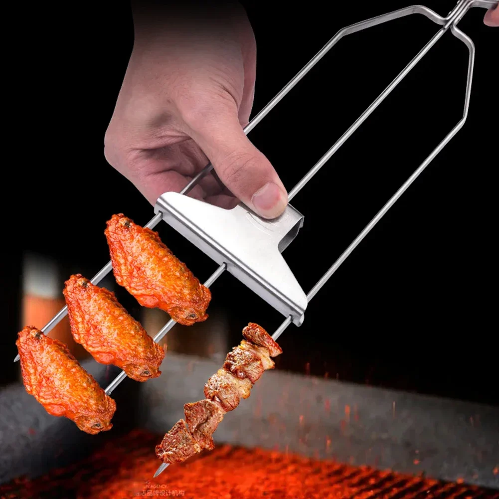 

3 Way Grill Skewers Shrimp Stainless Steel Grilling Sticks With Push Bar 3-Prong Skewer BBQ Kebab Juicy Beef Kitchen Dining Tool