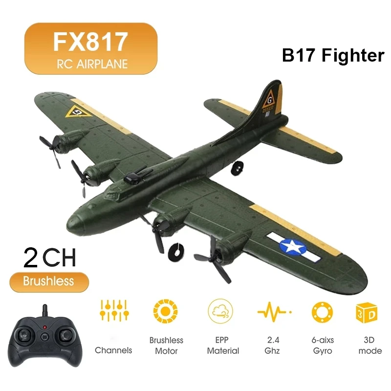 Avião de controle remoto para crianças, RC Aircraft Fighter, espuma EPP, avião de asa fixa, brinquedos infantis, presente, FX817, B17, 2.4G, 2CH