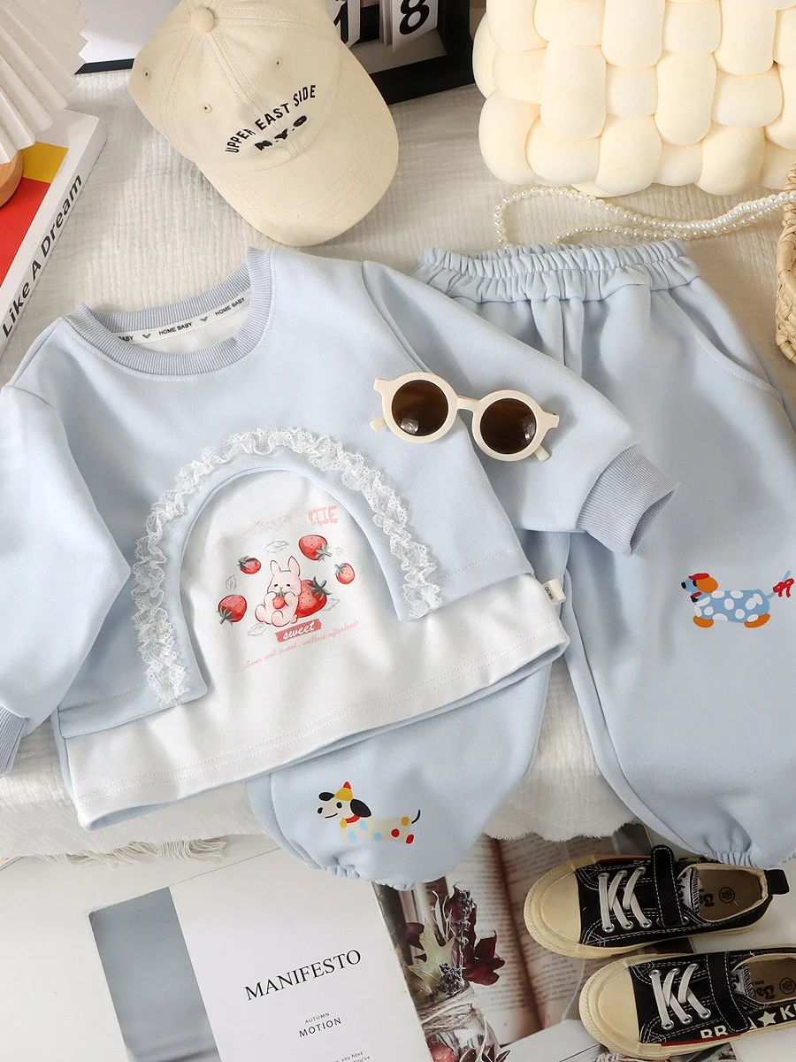 Girls' Strawberry Cartoon Two-Piece Set Baby Casual Fashionable Lace Outfit Autumn Collection Comfortable Kids' Ensemble