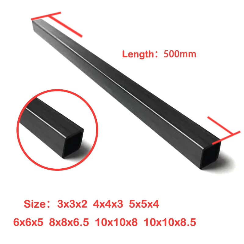 4pcs Carbon Fiber Square Tube 3mm 4mm 5mm 6mm 8mm 10mm (Length 500mm) Square Tube / Carbon Fiber Square Rod / Carbon Square Tube