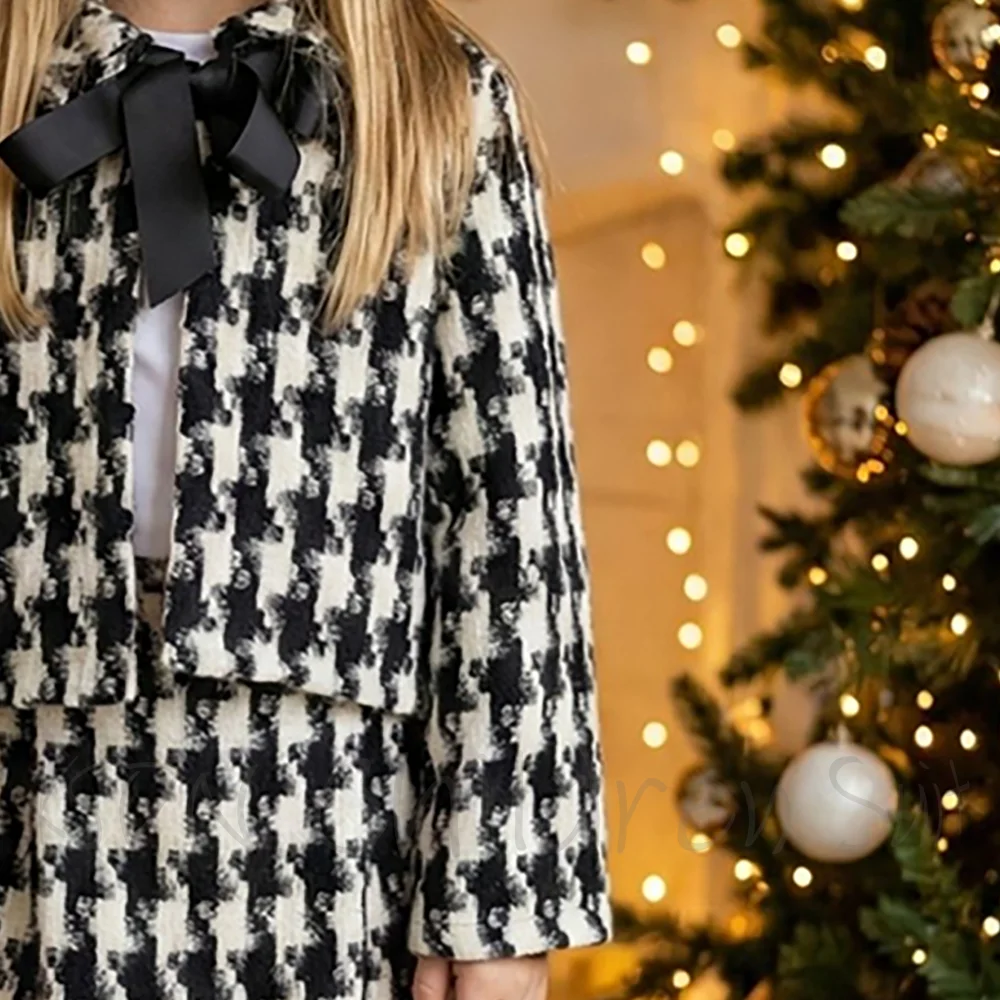 Houndstooth Luxury Girl Suit Customized Stand Lapel Fashion Children Clothing Blazer Short Skirt Birthday Party Girl Outfit