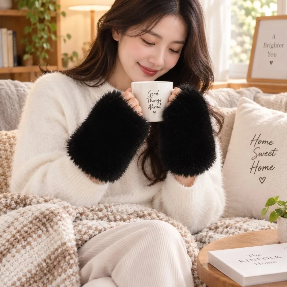 Versatile Thick Fluffy Fingerless Gloves One Size Rabbit Fur Blend Gloves Touch Screen Gloves For Students