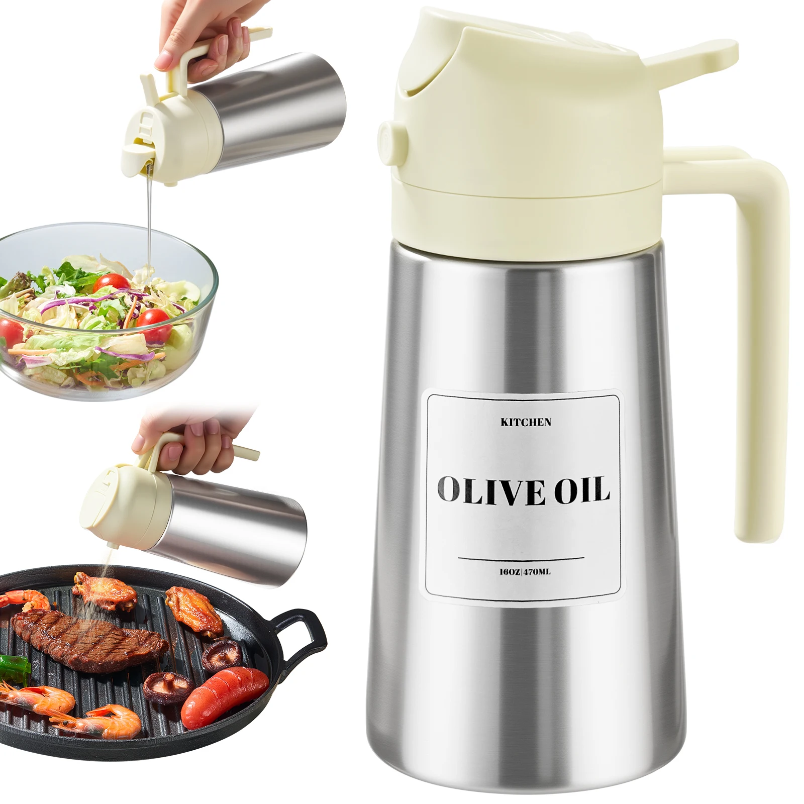 

16oz oz / 470 ml olive oil sprayer for cooking with stickers, 2 in 1 oil dispenser for kitchen gadgets