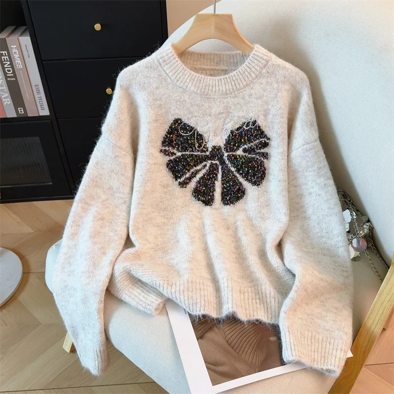 เสื้อสเวตเตอร์ไหมพรมสีเทาปักลายสไตล์วินเทจ Y2K ยุค 2000 คอวี แขนยาว สำหรับผู้หญิง ฤดูหนาว 2025